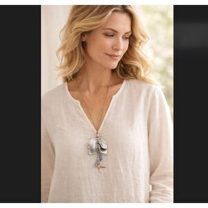 J Jill Hummingbird Necklace Blue Stone Petal Pendant Cord Boho Cottage Coast NWT